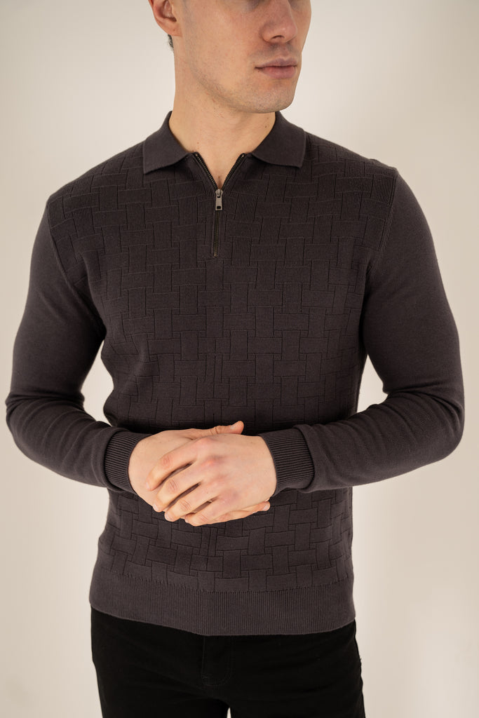 Geometric Long Sleeve Polo - Charcoal
