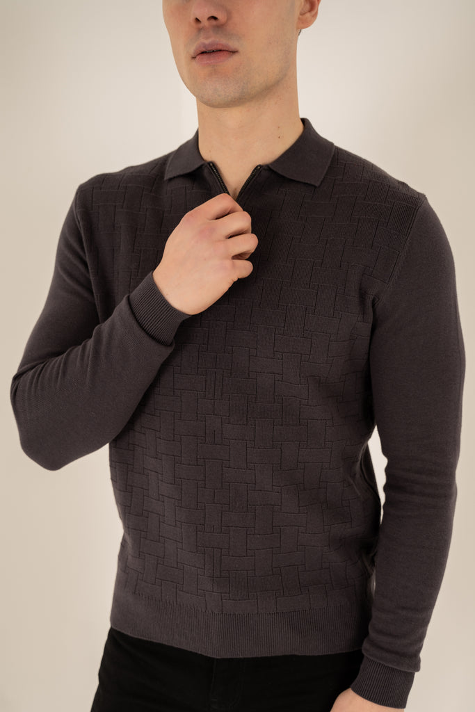 Geometric Long Sleeve Polo - Charcoal