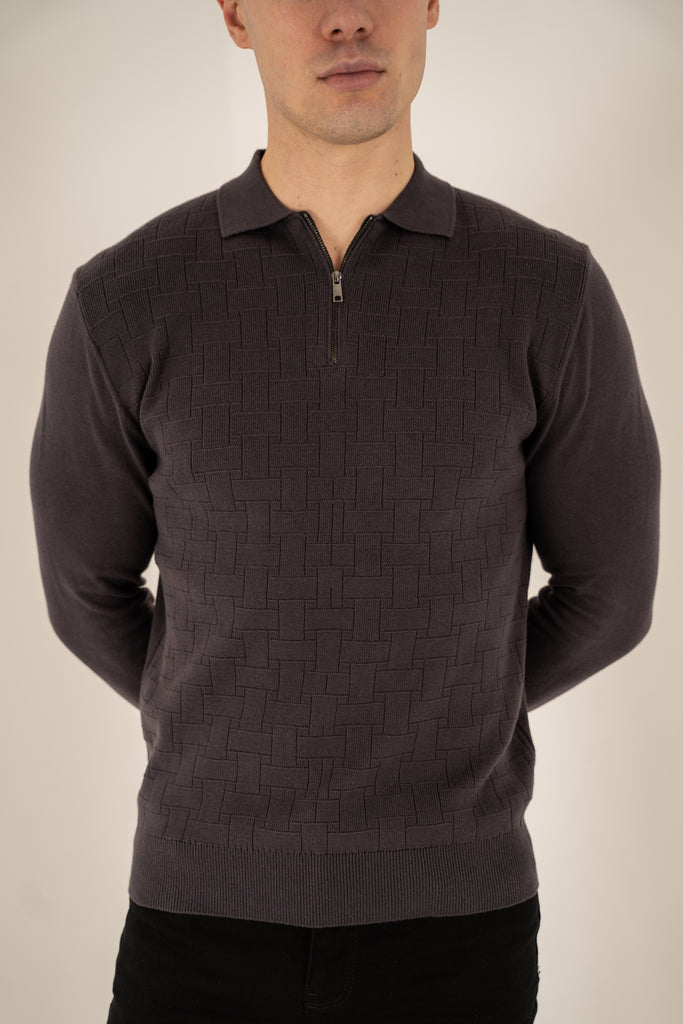 Geometric Long Sleeve Polo - Charcoal