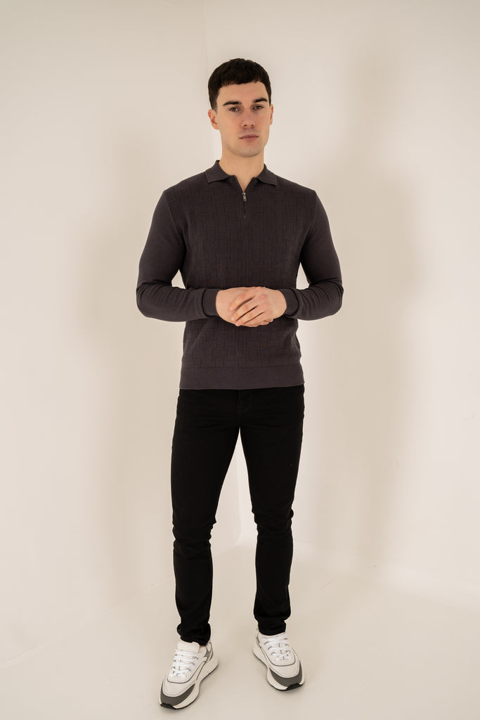 Geometric Long Sleeve Polo - Charcoal