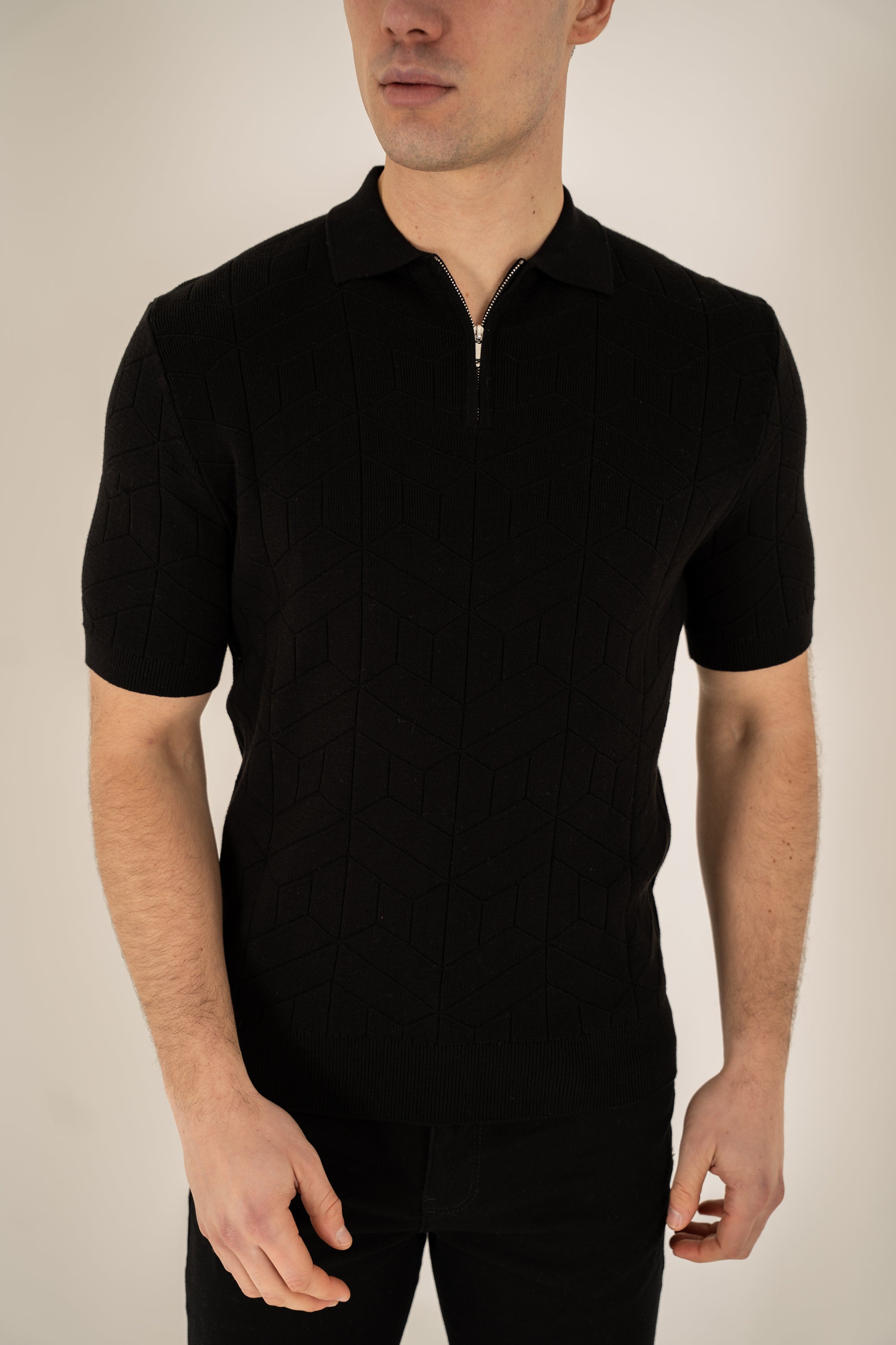 Geometric Knitted Quarter Zip Polo Shirt - Black