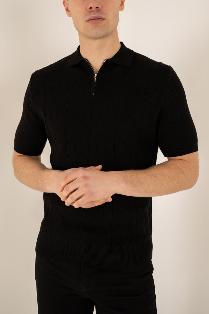 Geometric Knitted Quarter Zip Polo Shirt - Black