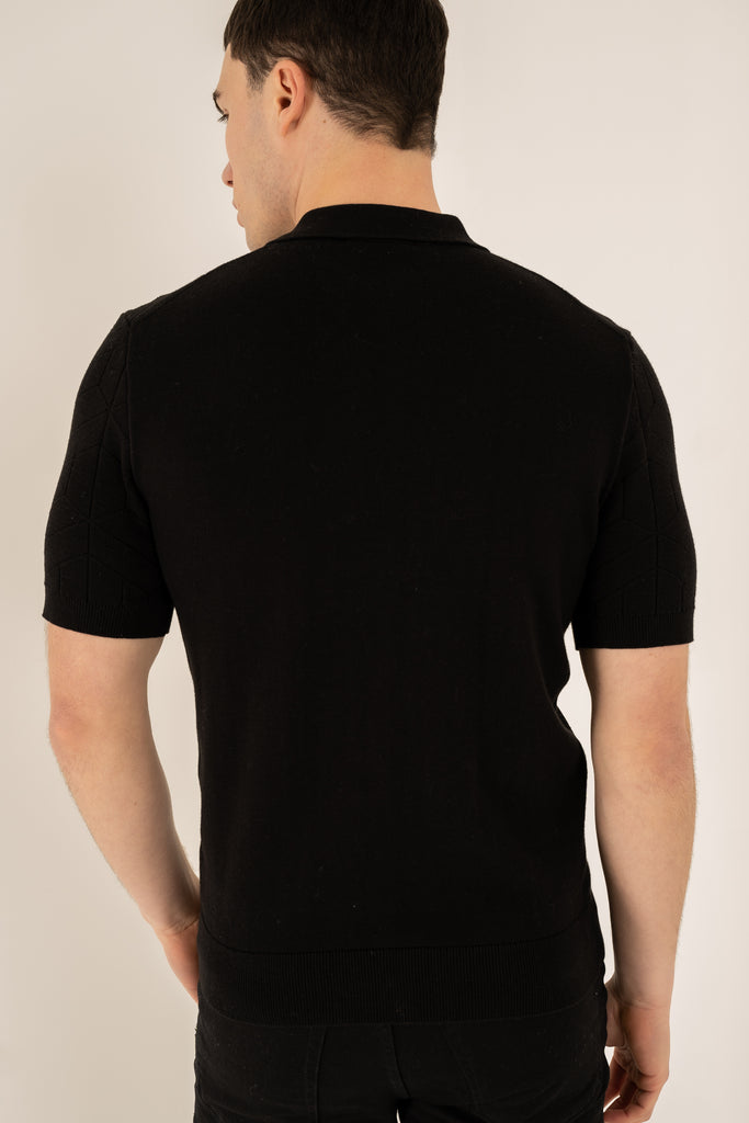 Geometric Knitted Quarter Zip Polo Shirt - Black