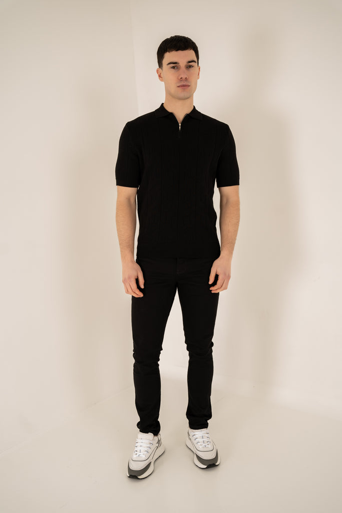 Geometric Knitted Quarter Zip Polo Shirt - Black
