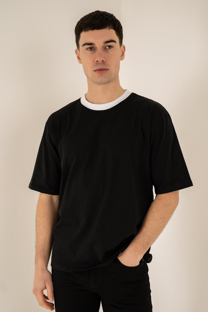 Relaxed Fit Contrast Neck T-Shirt - Black