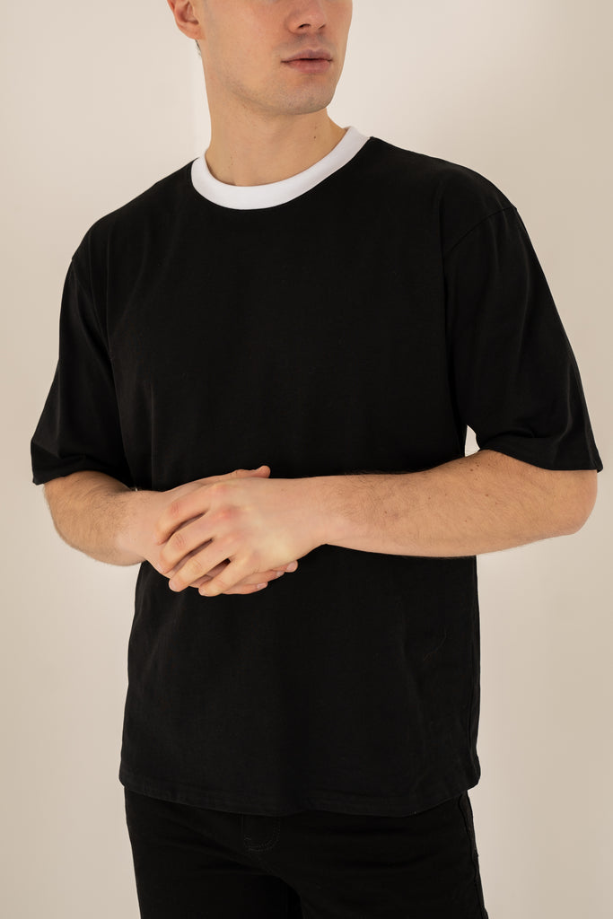 Relaxed Fit Contrast Neck T-Shirt - Black
