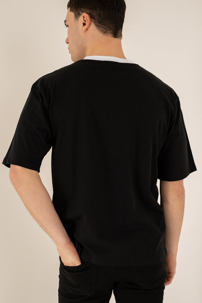 Relaxed Fit Contrast Neck T-Shirt - Black