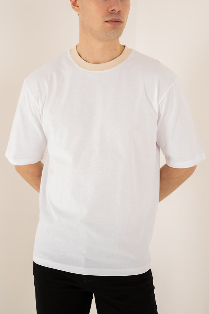Relaxed Fit Contrast Neck T-Shirt - White