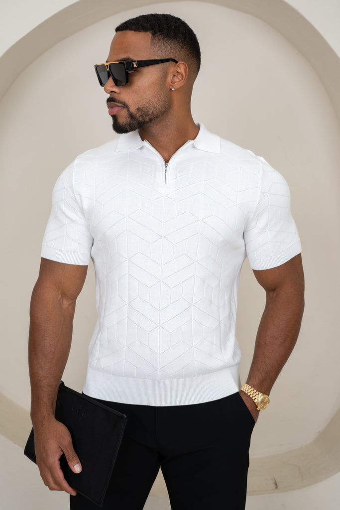 Geometric Knitted Quarter Zip Polo Shirt - White