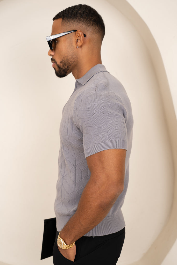 Geometric Knitted Quarter Zip Polo Shirt - Grey