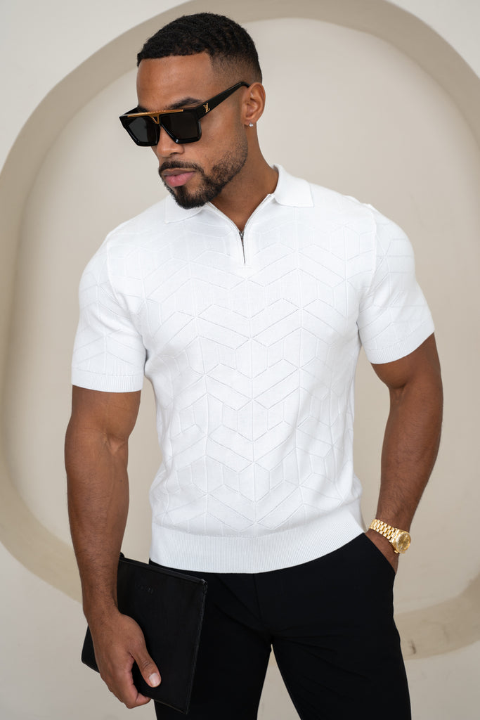 Geometric Knitted Quarter Zip Polo Shirt - White