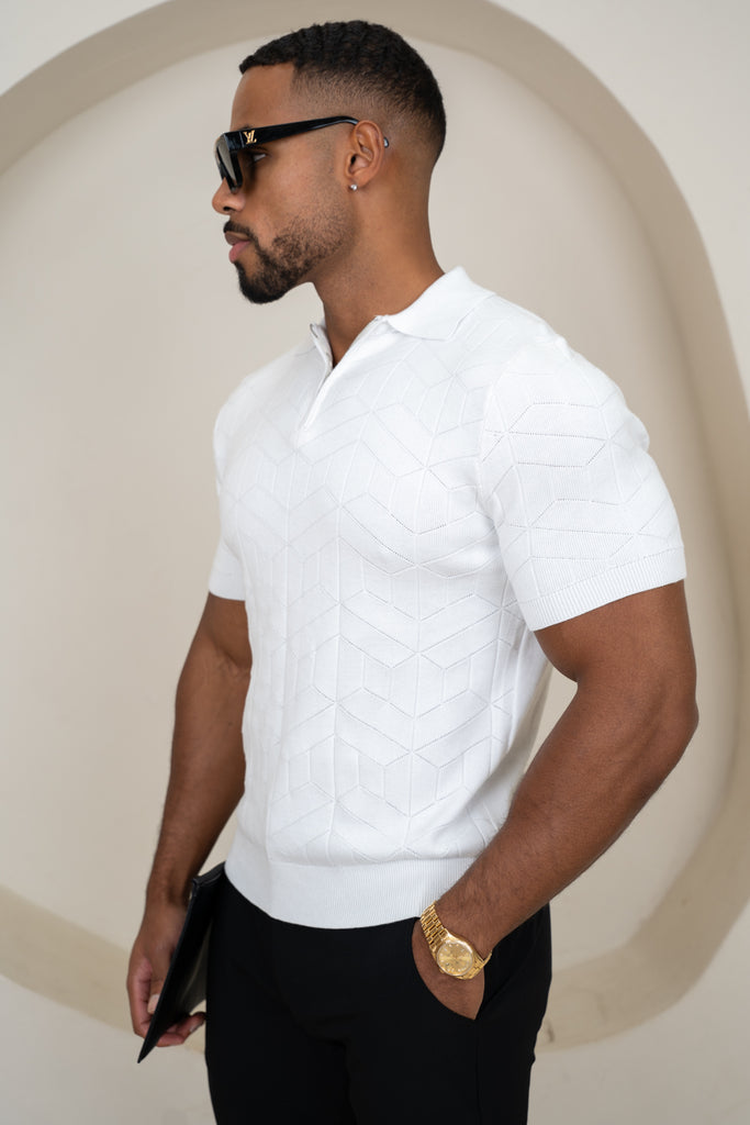 Geometric Knitted Quarter Zip Polo Shirt - White