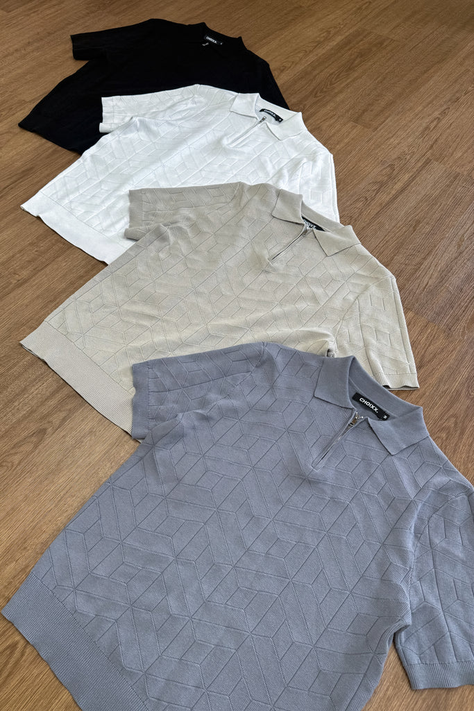 Geometric Knitted Quarter Zip Polo Shirt - White