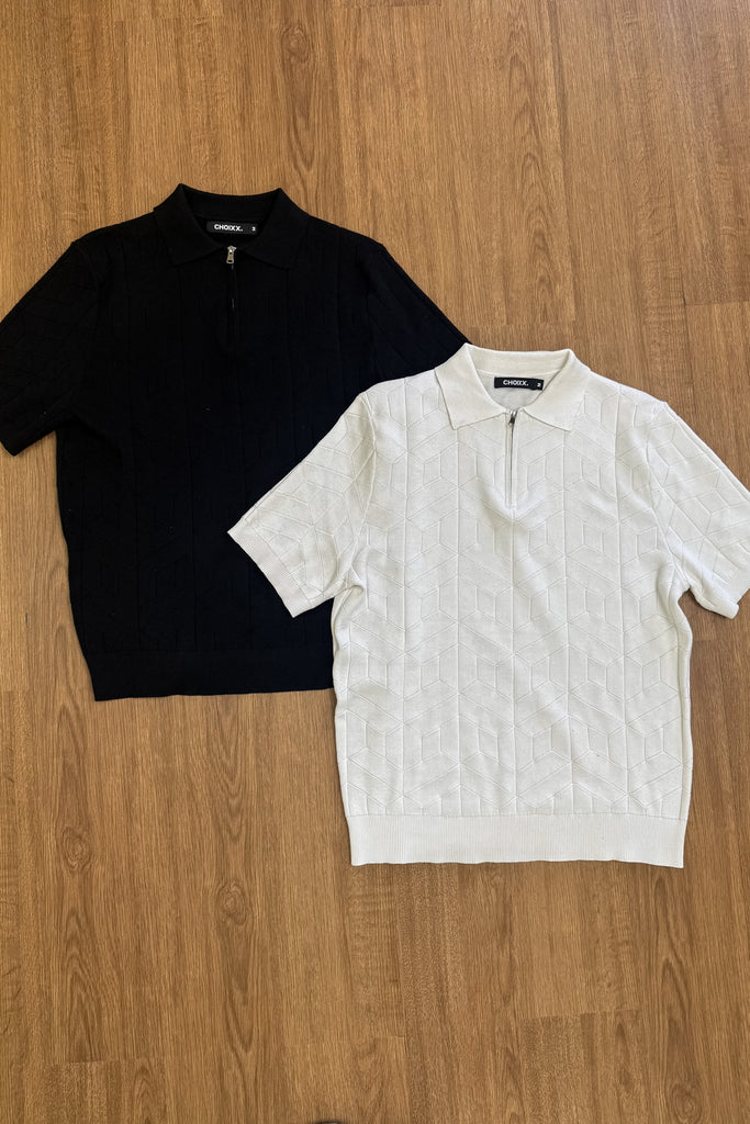 Geometric Knitted Quarter Zip Polo Shirt - Black