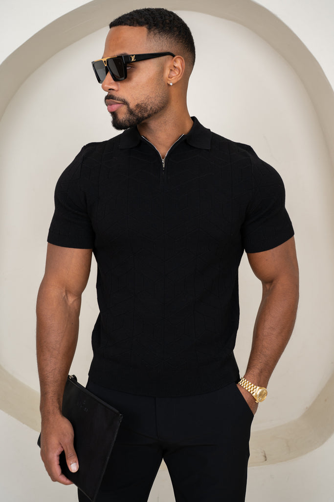 Geometric Knitted Quarter Zip Polo Shirt - Black