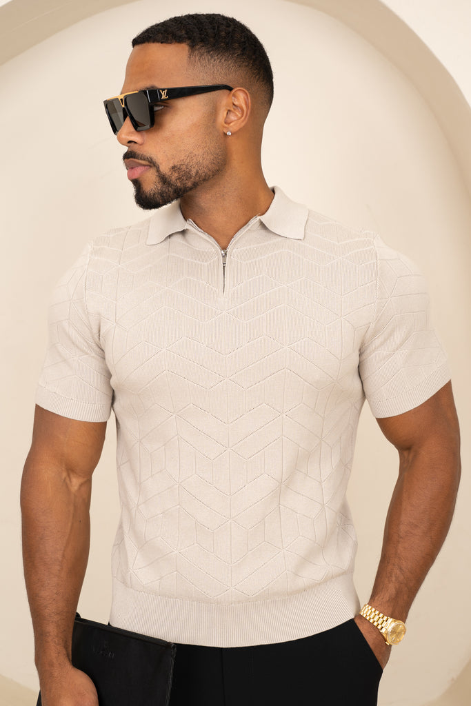 Geometric Knitted Quarter Zip Polo Shirt - Stone