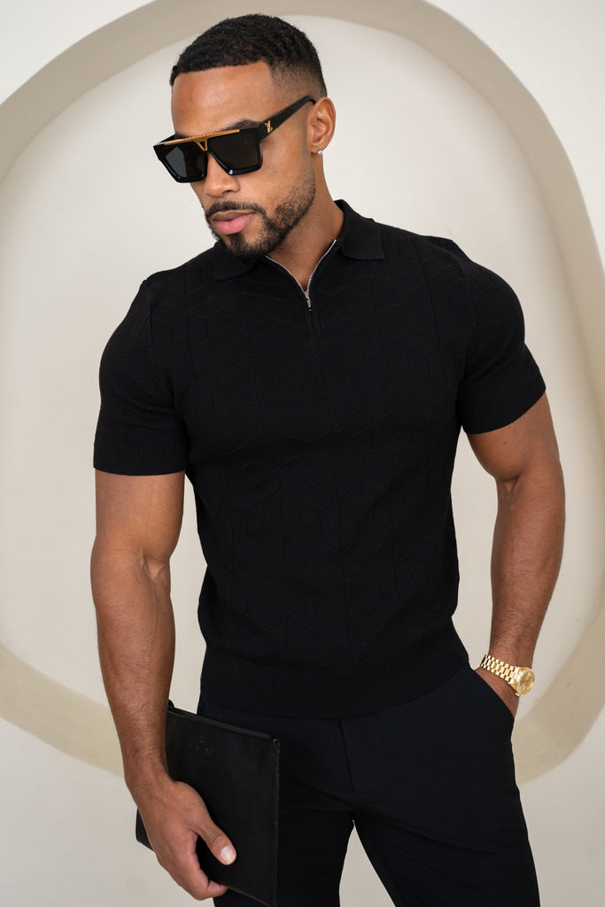 Geometric Knitted Quarter Zip Polo Shirt - Black