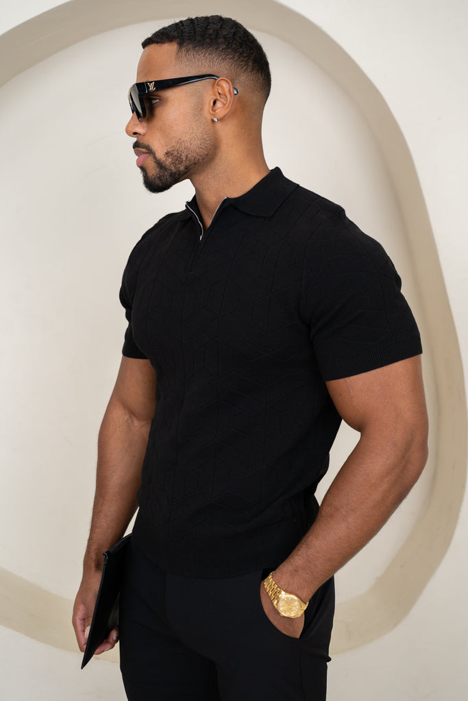 Geometric Knitted Quarter Zip Polo Shirt - Black