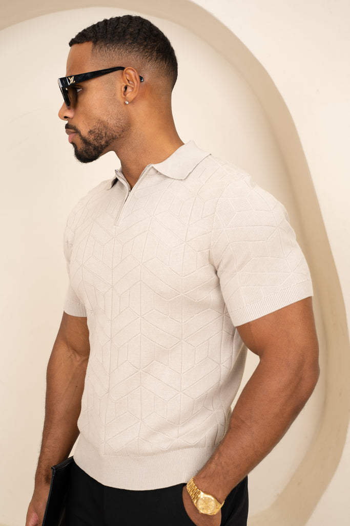 Geometric Knitted Quarter Zip Polo Shirt - Stone