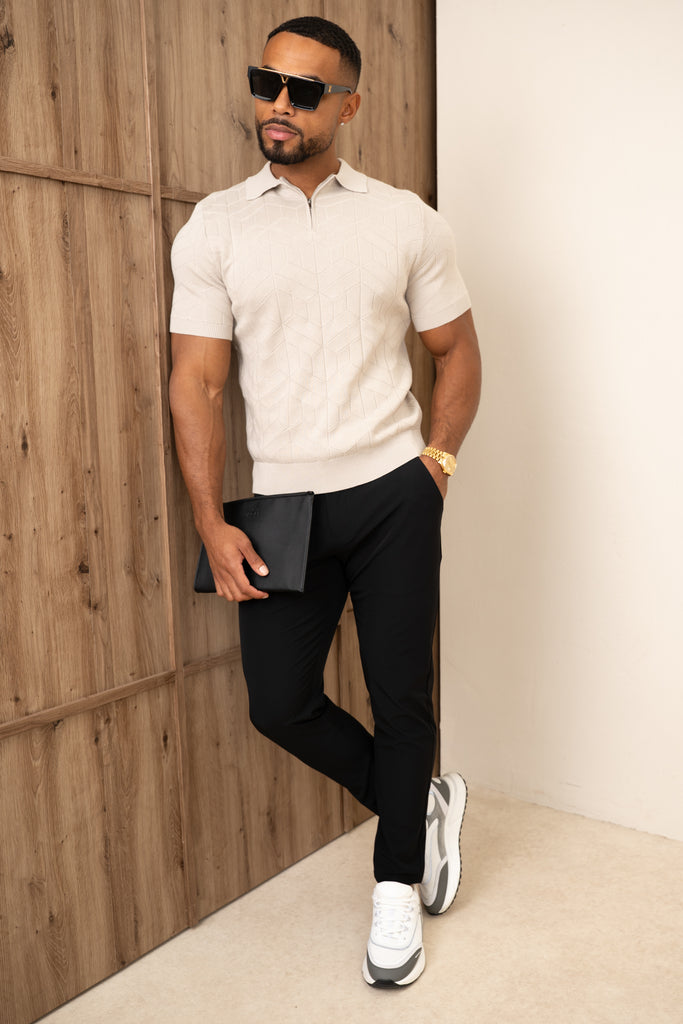 Geometric Knitted Quarter Zip Polo Shirt - Stone