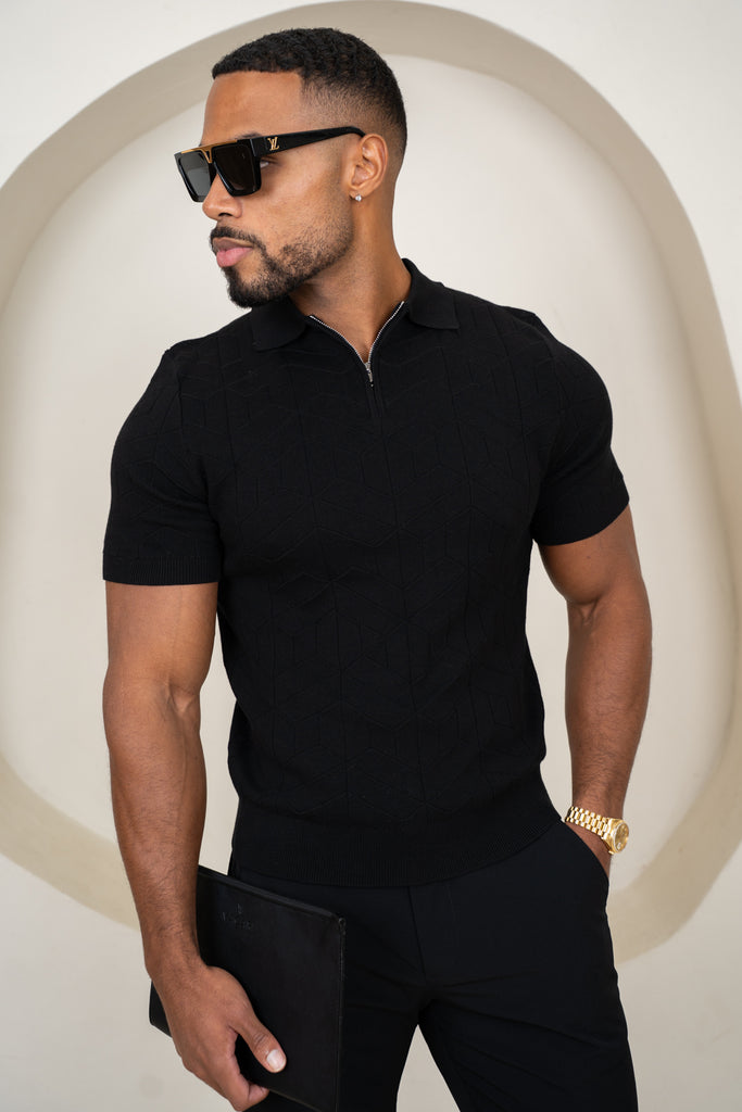 Geometric Knitted Quarter Zip Polo Shirt - Black