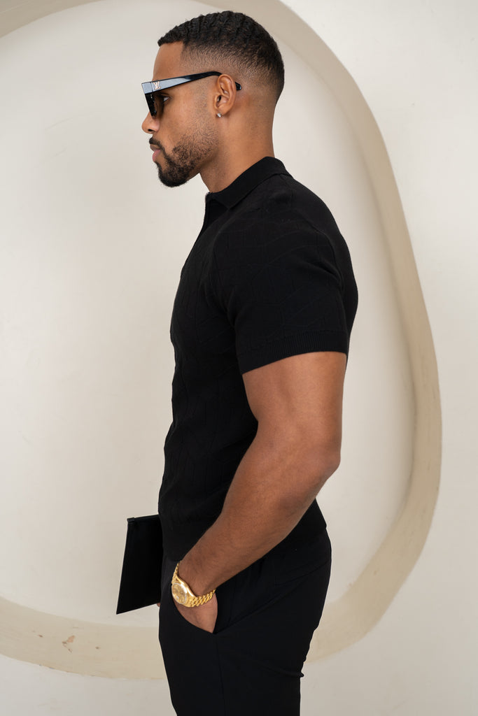 Geometric Knitted Quarter Zip Polo Shirt - Black