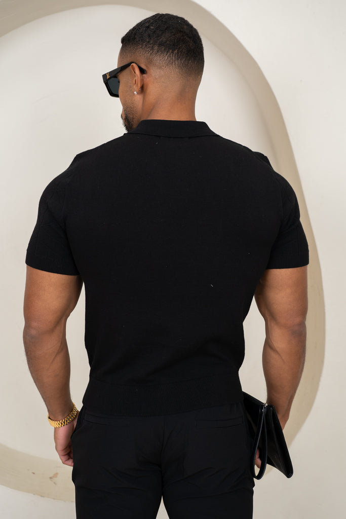 Geometric Knitted Quarter Zip Polo Shirt - Black