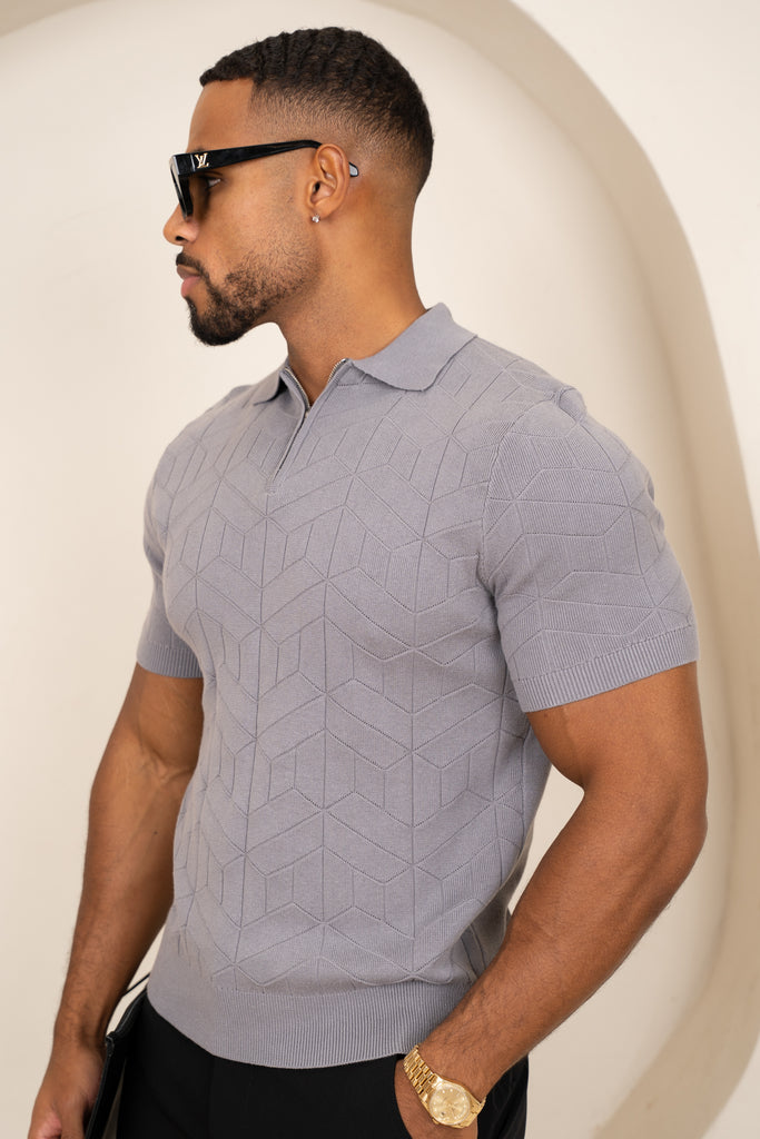 Geometric Knitted Quarter Zip Polo Shirt - Grey