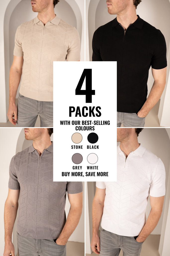 Geometric Knitted Quarter Zip Polo Shirt - 4 Colours (Stone, Black, Grey, and White) - 4 Pack