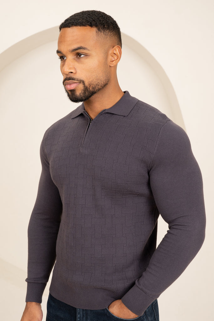 Geometric Long Sleeve Polo - Charcoal