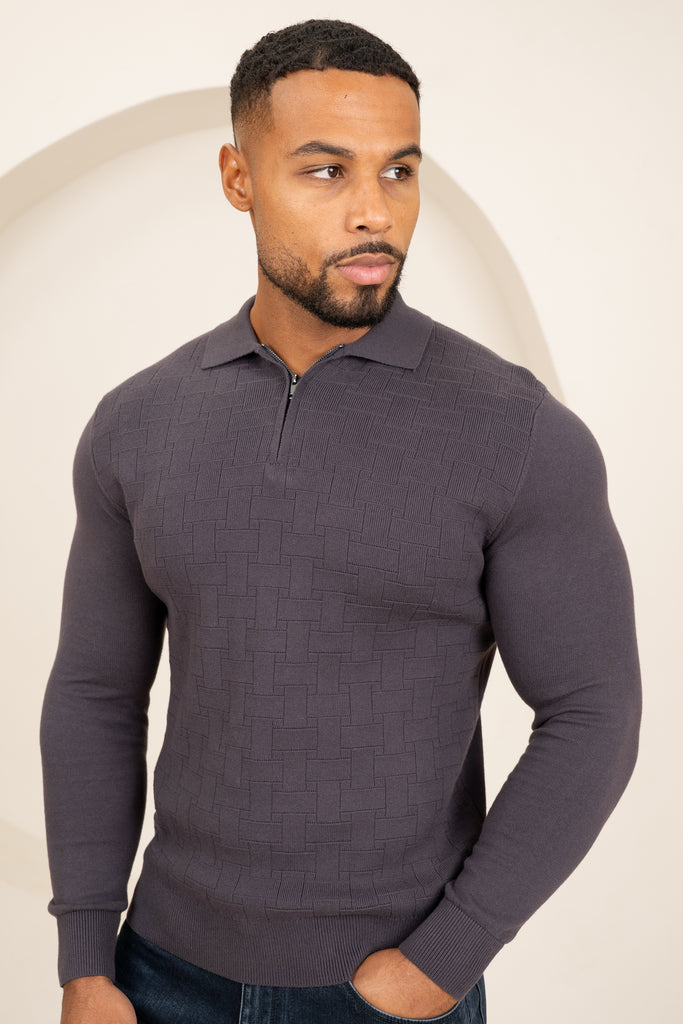 Geometric Long Sleeve Polo - Charcoal