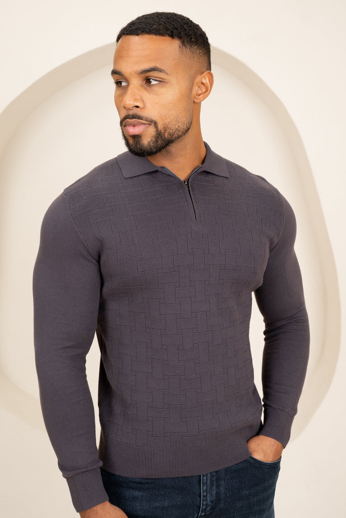 Geometric Long Sleeve Polo - Charcoal