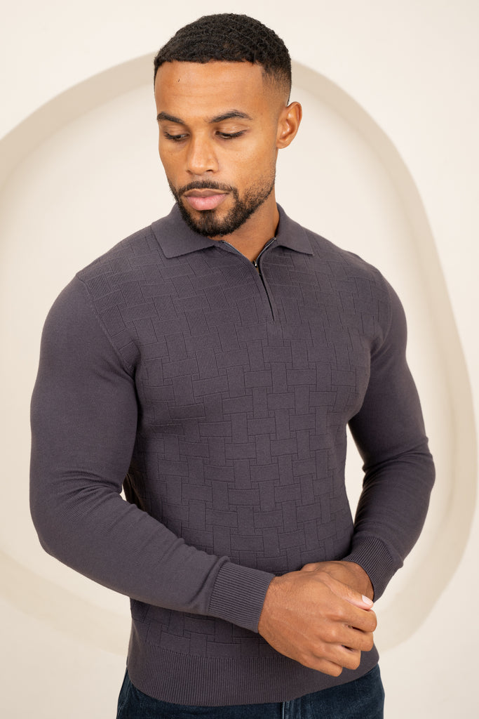 Geometric Long Sleeve Polo - Charcoal