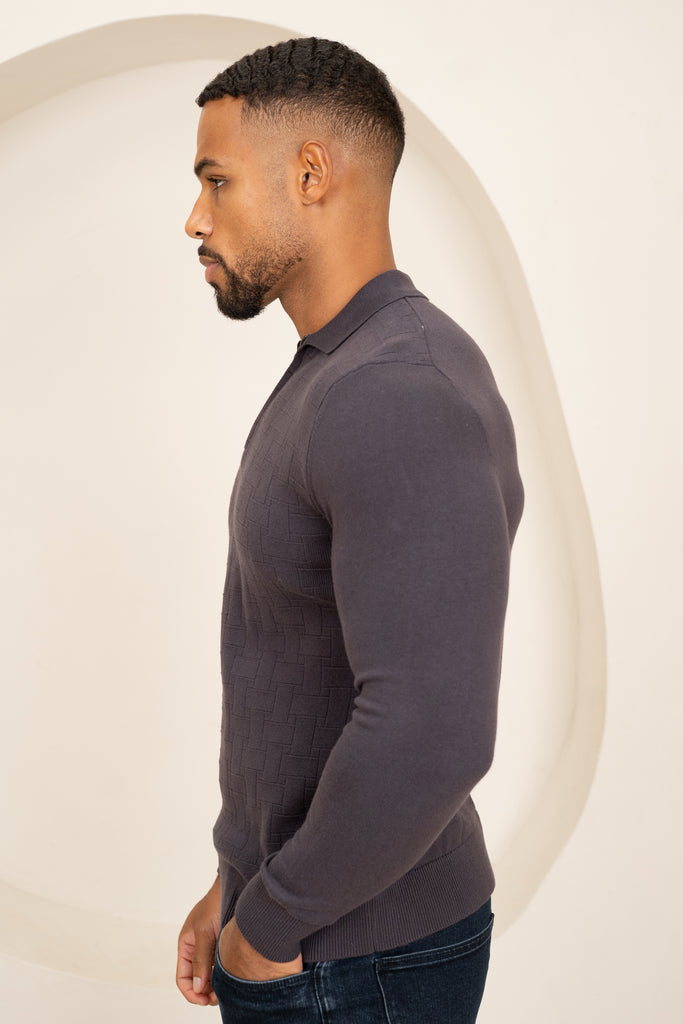 Geometric Long Sleeve Polo - Charcoal