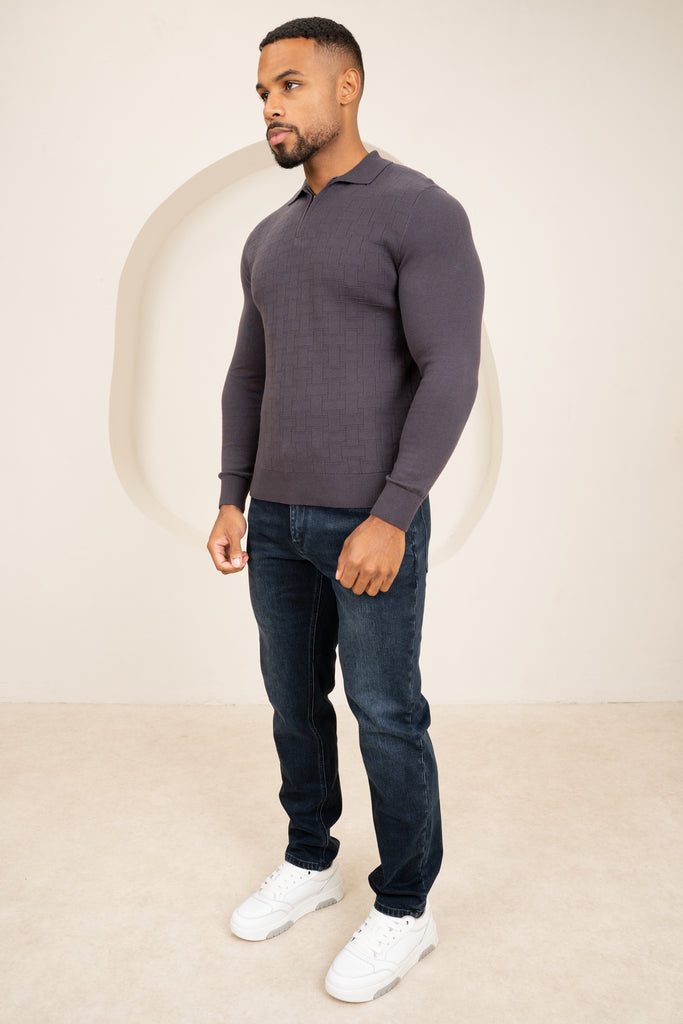 Geometric Long Sleeve Polo - Charcoal