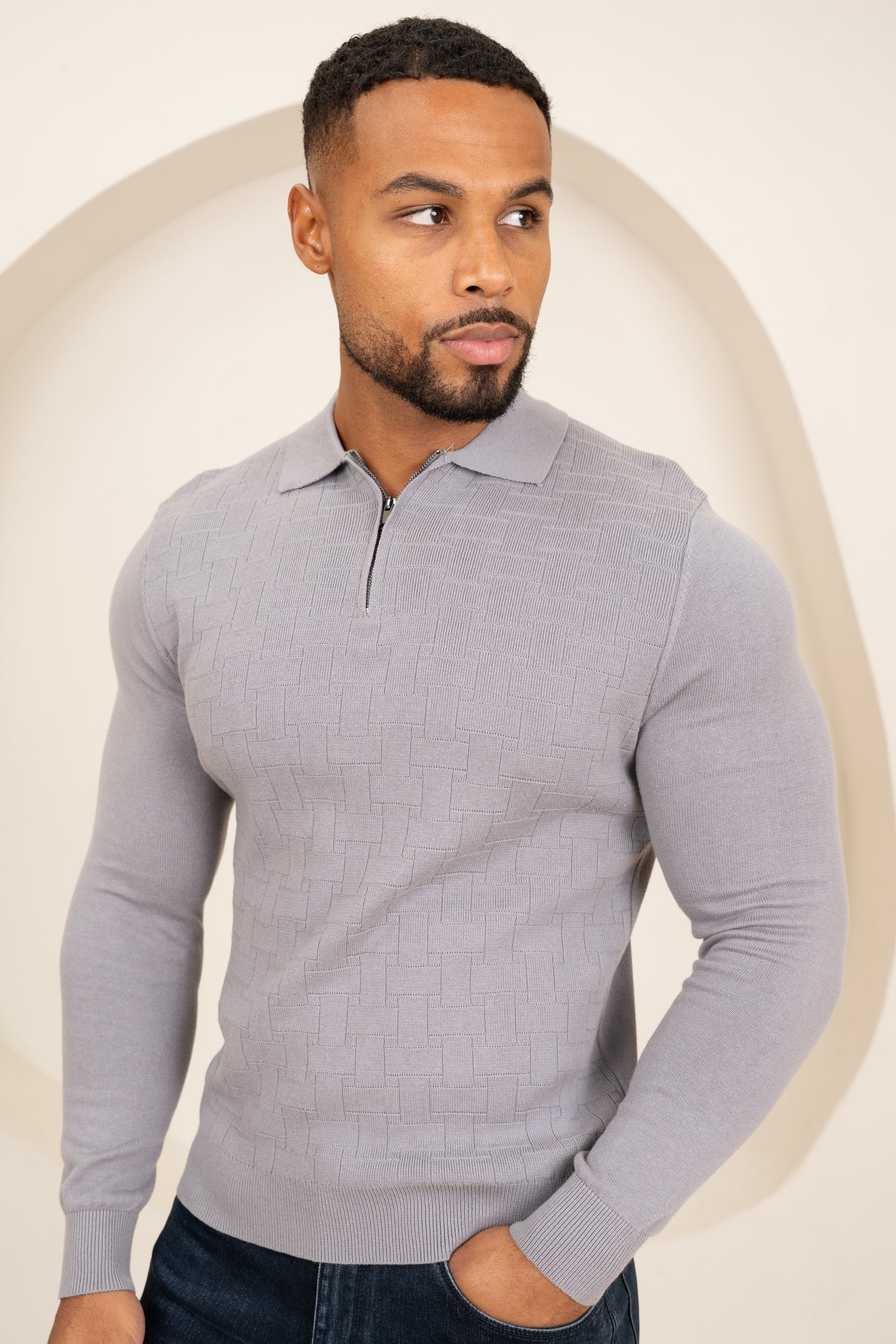 Geometric Long Sleeve Polo - Light Grey
