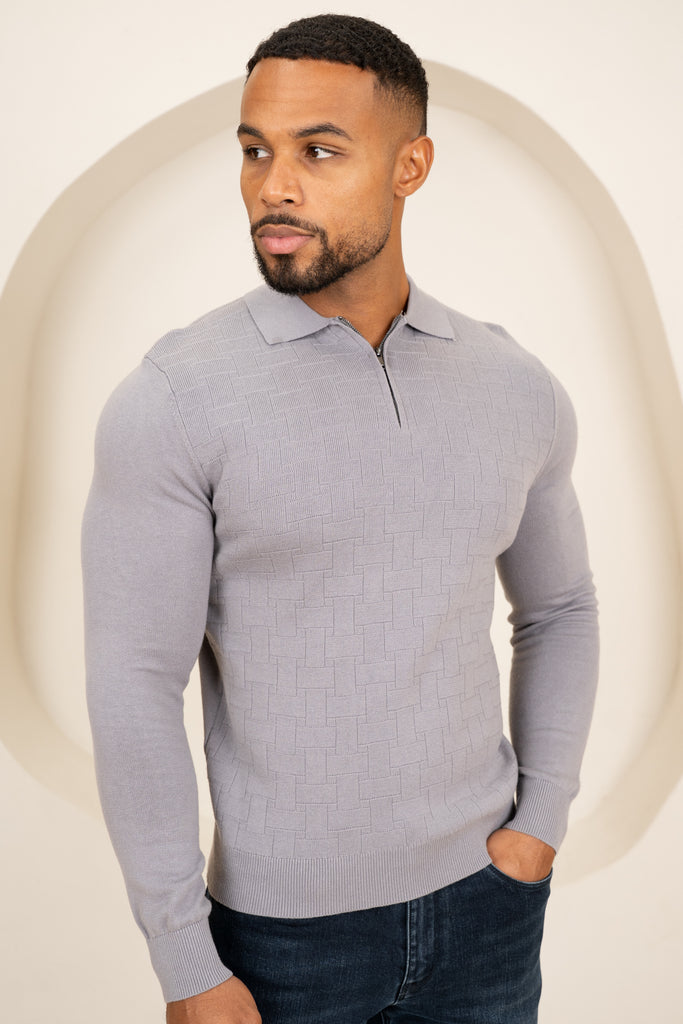 Geometric Long Sleeve Polo - Light Grey