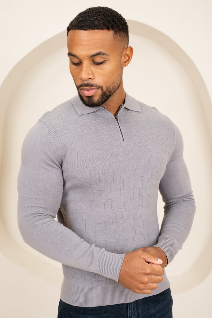 Geometric Long Sleeve Polo - Light Grey
