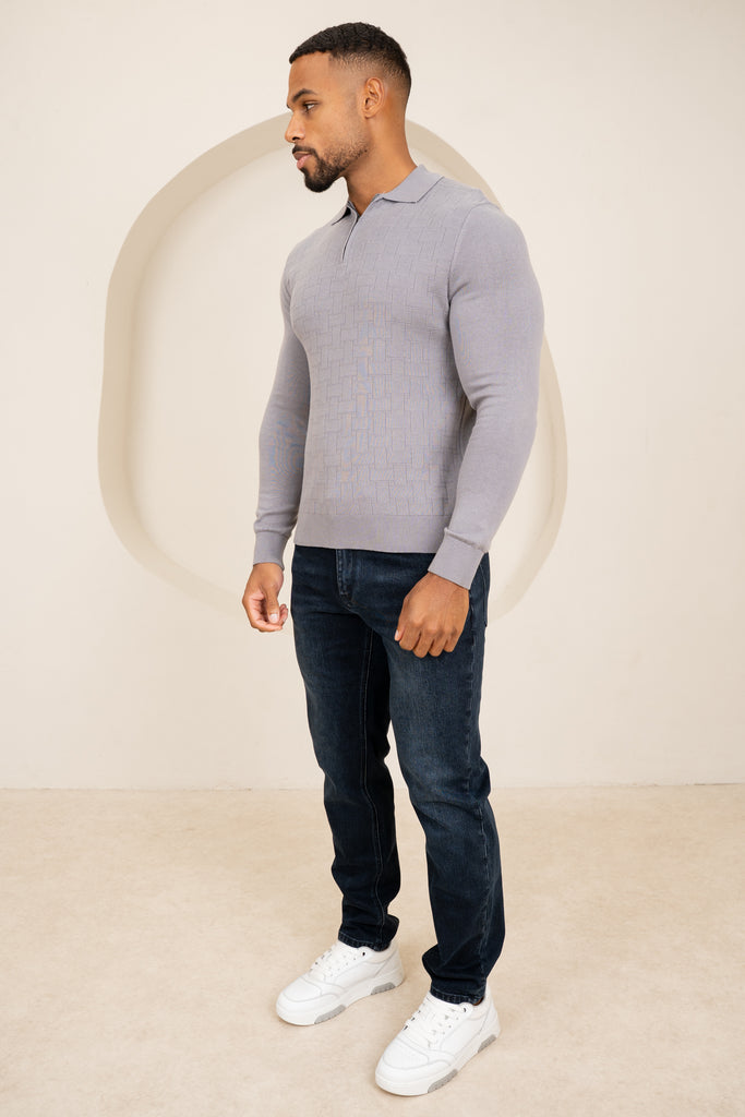 Geometric Long Sleeve Polo - Light Grey