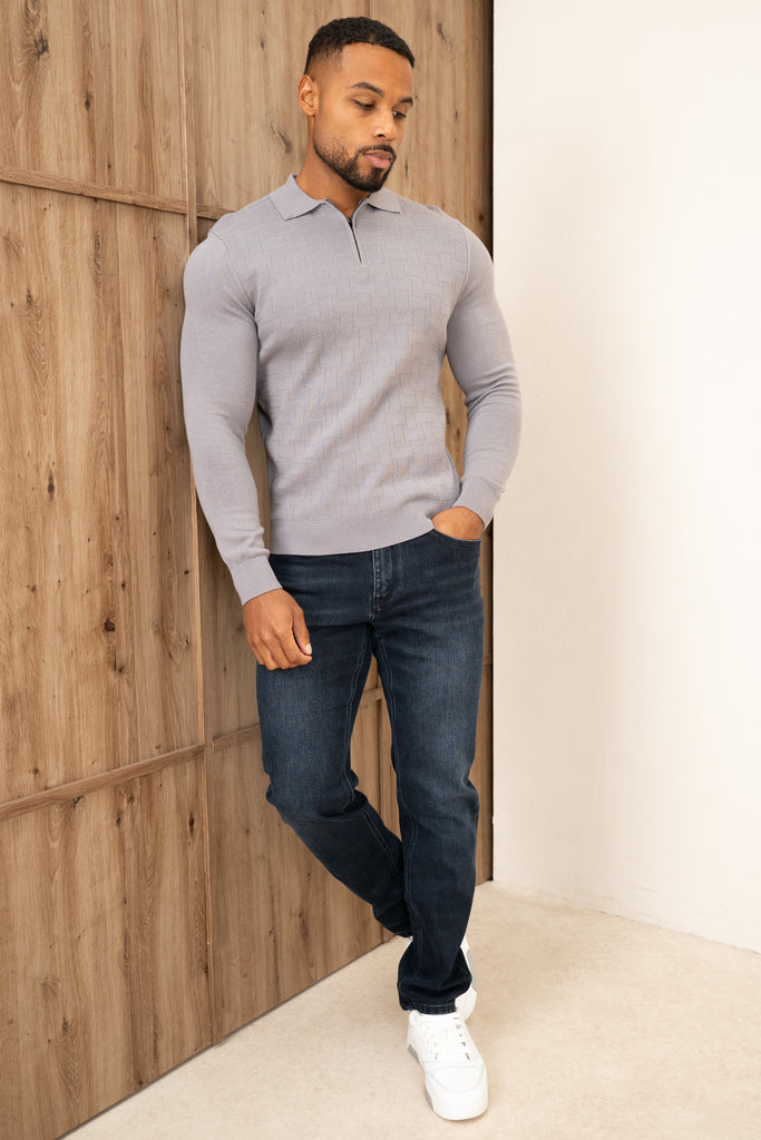 Geometric Long Sleeve Polo - Light Grey