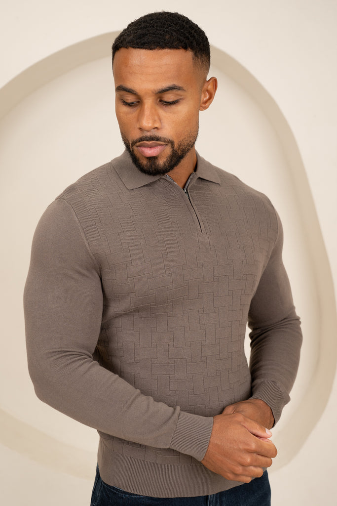 Geometric Long Sleeve Polo - Khaki