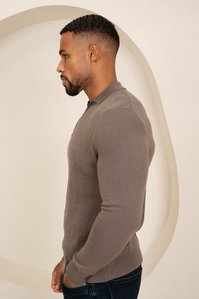Geometric Long Sleeve Polo - Khaki