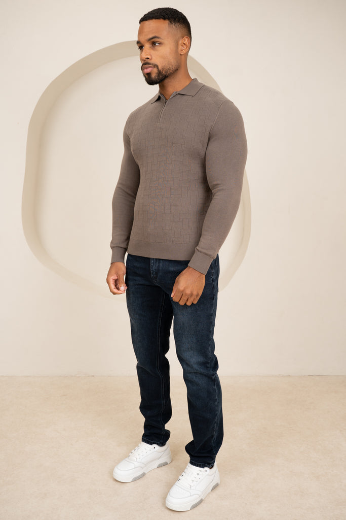 Geometric Long Sleeve Polo - Khaki