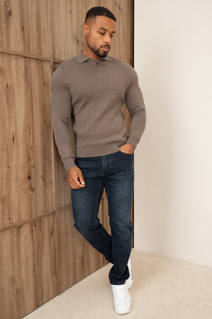 Geometric Long Sleeve Polo - Khaki