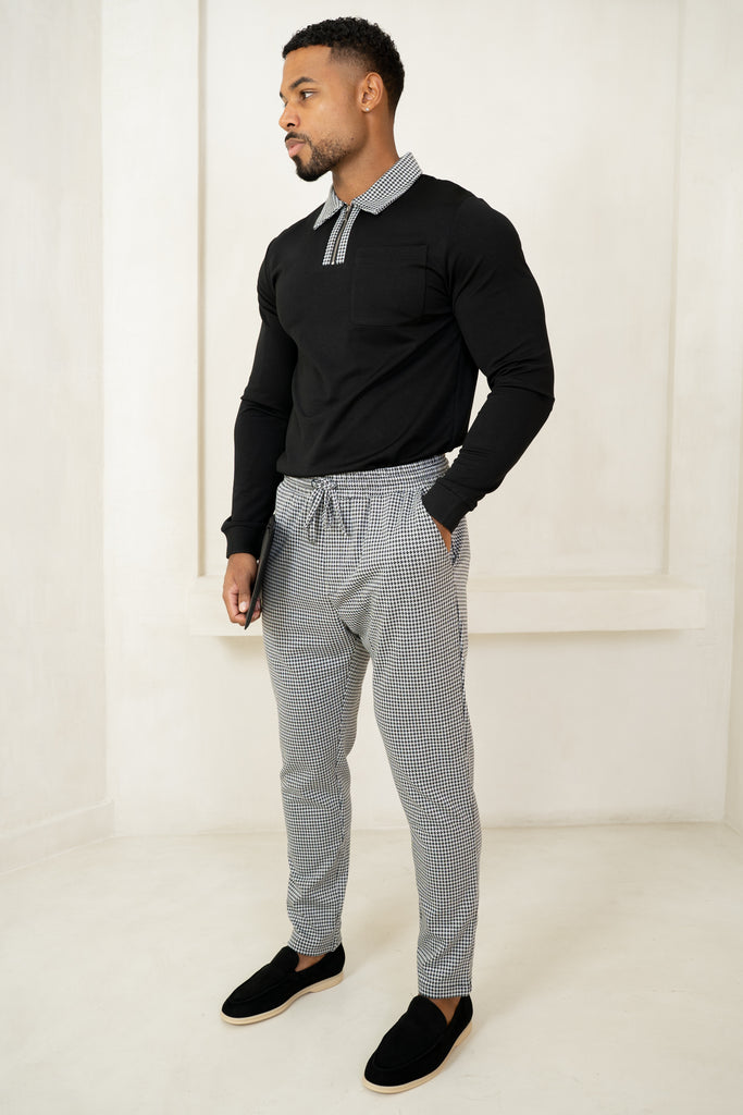 Houndstooth Mercerised Long Sleeve Polo - Black
