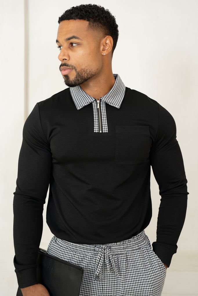 Houndstooth Mercerised Long Sleeve Polo - Black