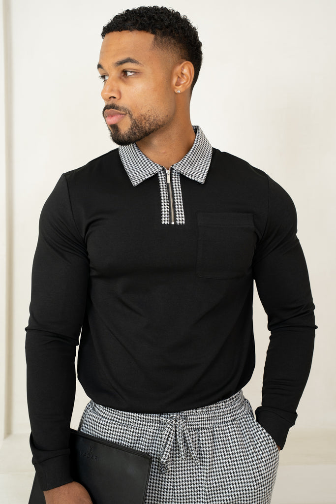 Houndstooth Mercerised Long Sleeve Polo - Black