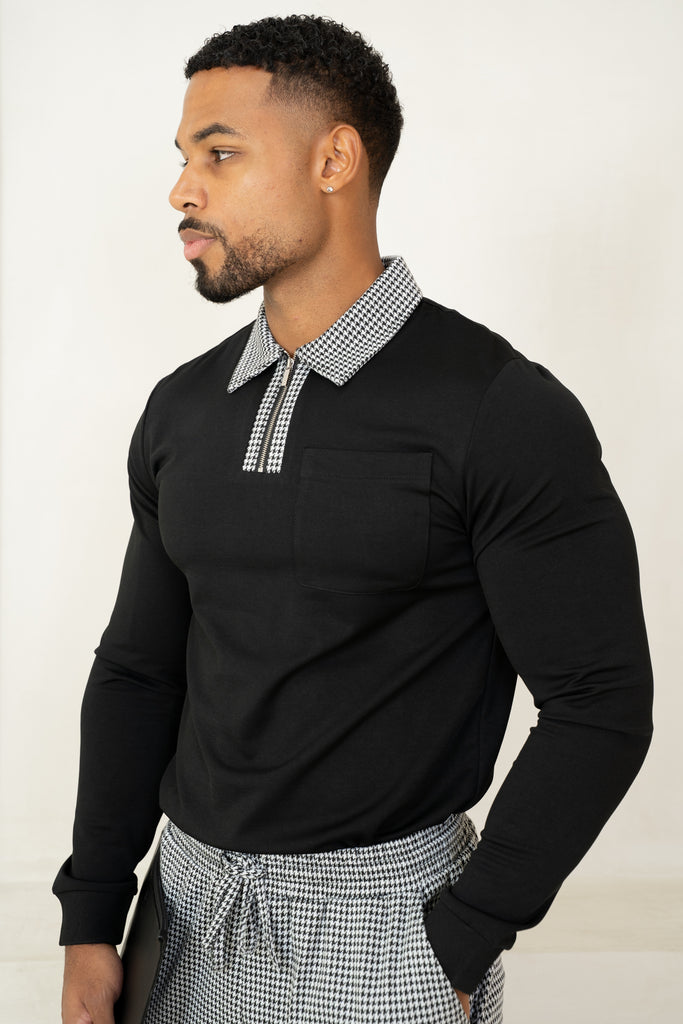 Houndstooth Mercerised Long Sleeve Polo - Black