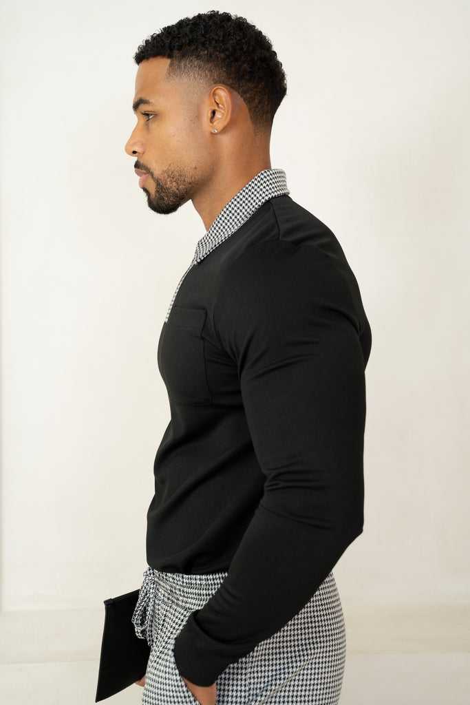 Houndstooth Mercerised Long Sleeve Polo - Black
