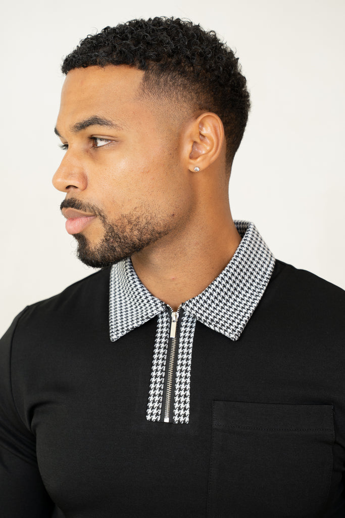 Houndstooth Mercerised Long Sleeve Polo - Black